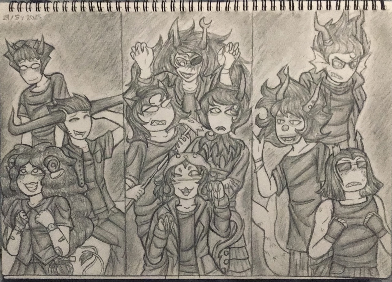 A traditional drawing of all of the Homestuck Trolls except for Karkat and Feferi, separated by their caste.
